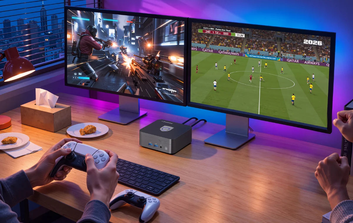 Hub I/O completo. Quattro display. Guarda contenuti 4K in streaming, immergiti nei tuoi giochi e resta in contatto con familiari e amici, il tutto da un desktop compatto progettato per integrarsi perfettamente nel tuo spazio.