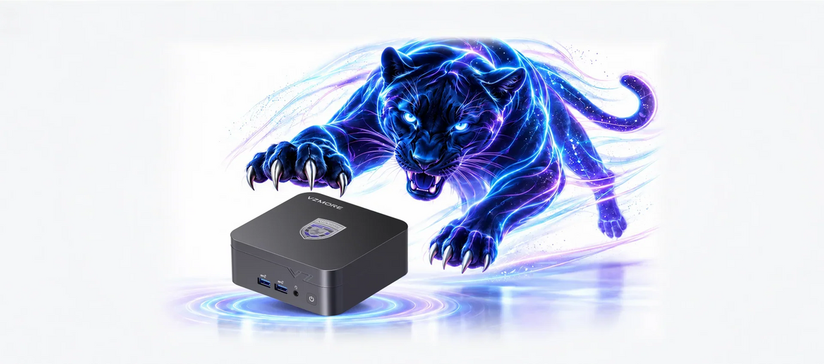 Mini PC VZMORE iX7 con immagine di una pantera elettrica