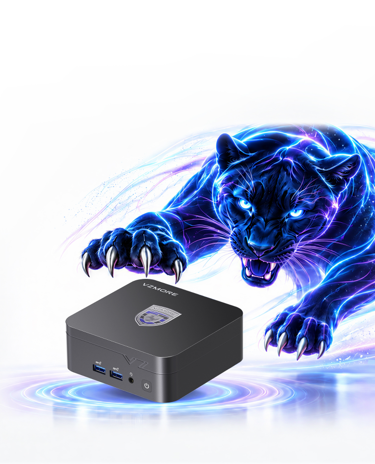 Mini PC VZMORE iX7 con immagine di una pantera elettrica