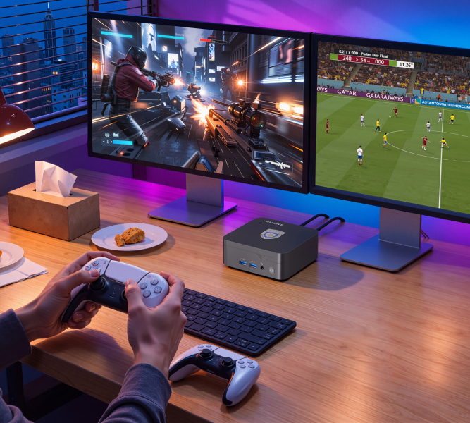 Hub I/O completo. Quattro display. Guarda contenuti 4K in streaming, immergiti nei tuoi giochi e resta in contatto con familiari e amici, il tutto da un desktop compatto progettato per integrarsi perfettamente nel tuo spazio.